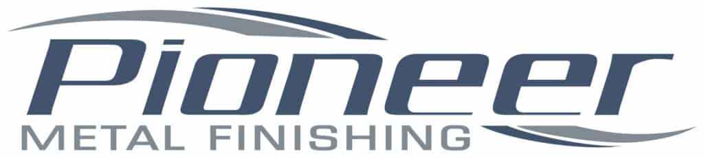 Pioneer Metal Finishing logo with blue wordmark and gray swoosh accents.